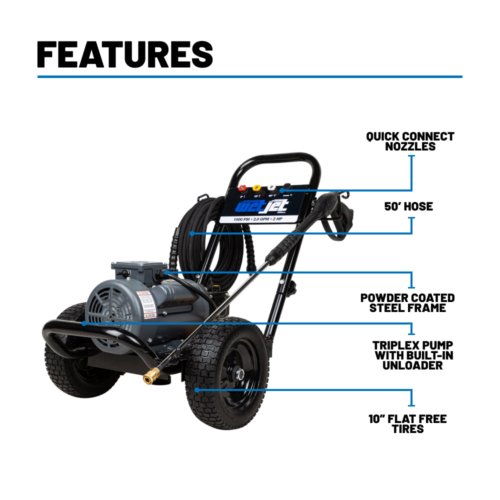 1500PSI 2.0GPM 2HP Electric Pressure Washer with Triplex Pump - WJ1520EW1A