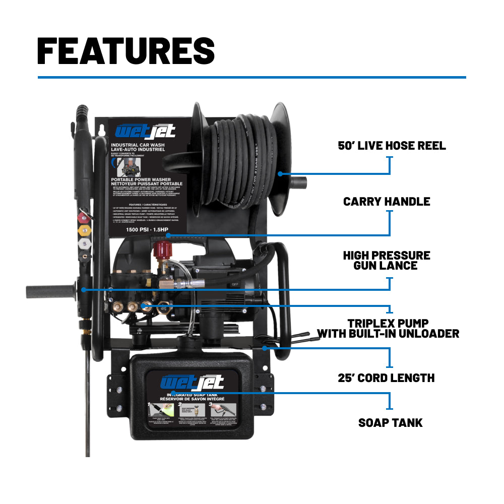 1500PSI 1.6GPM 3HP Electric Pressure Washer with Triplex Pump - WJ1515